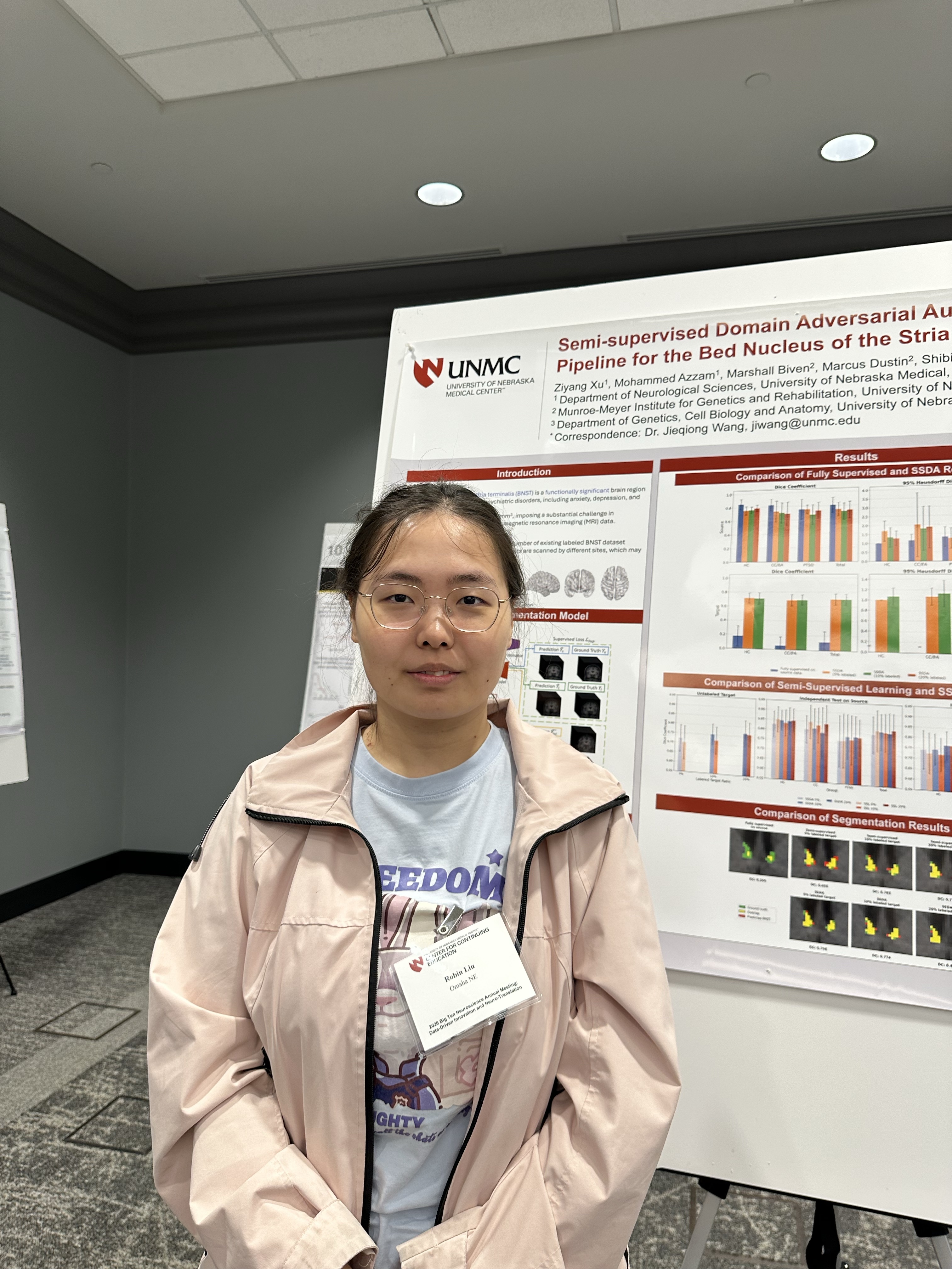 Ruobing presents a digital poster on Semi-Supervised Domain Adversarial Automated Segmentation Pipeline for the Bed Nucleus of the Stria Terminalis at 2026 Big Ten Neuroscience Annual Meeting.