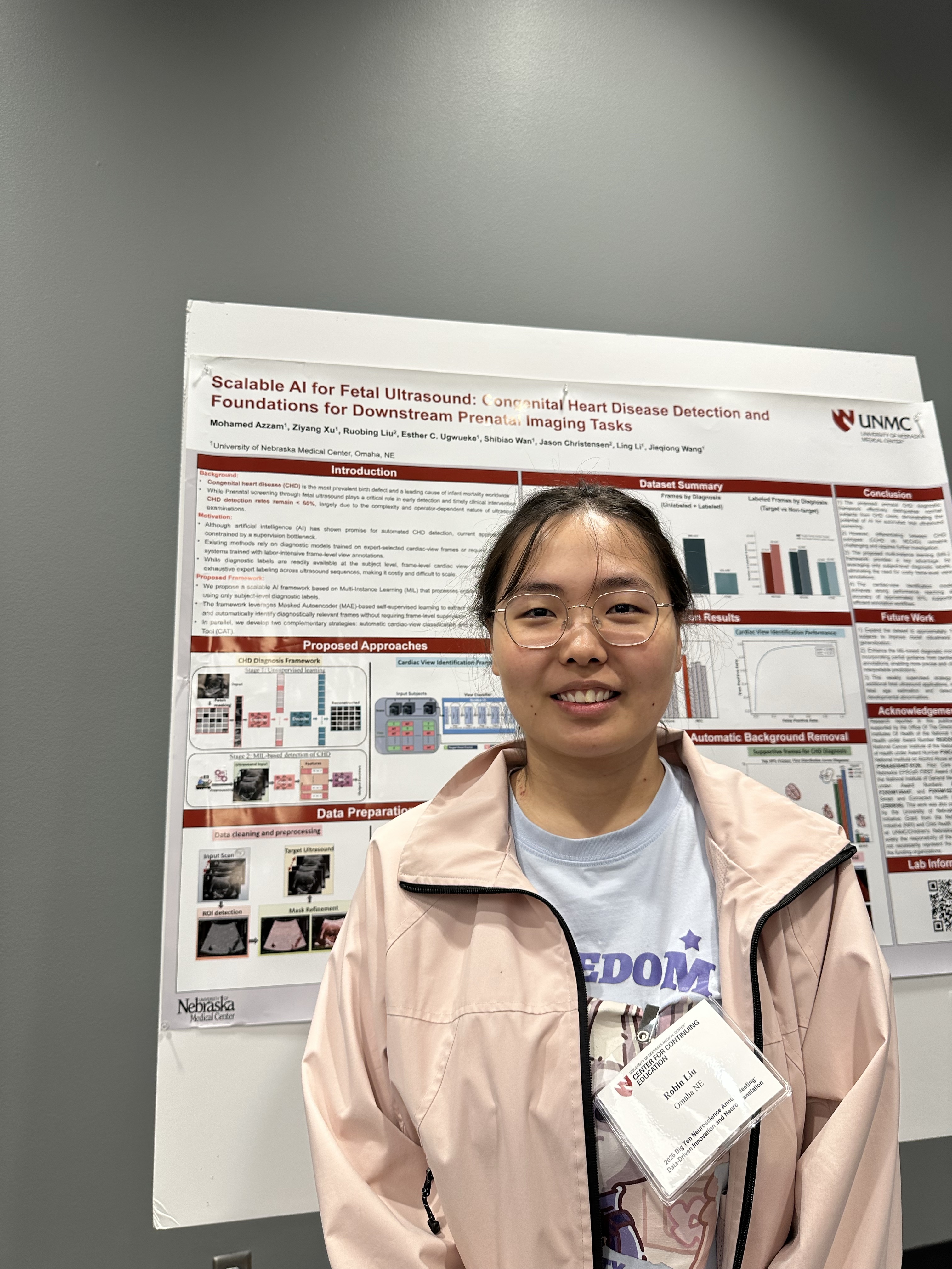 Ruobing presents a digital poster on Scalable AI for Fetal Ultrasound: Congenital Heart Disease Detection and Foundations for Downstream Prenatal Imaging Tasks at 2026 Big Ten Neuroscience Annual Meeting.