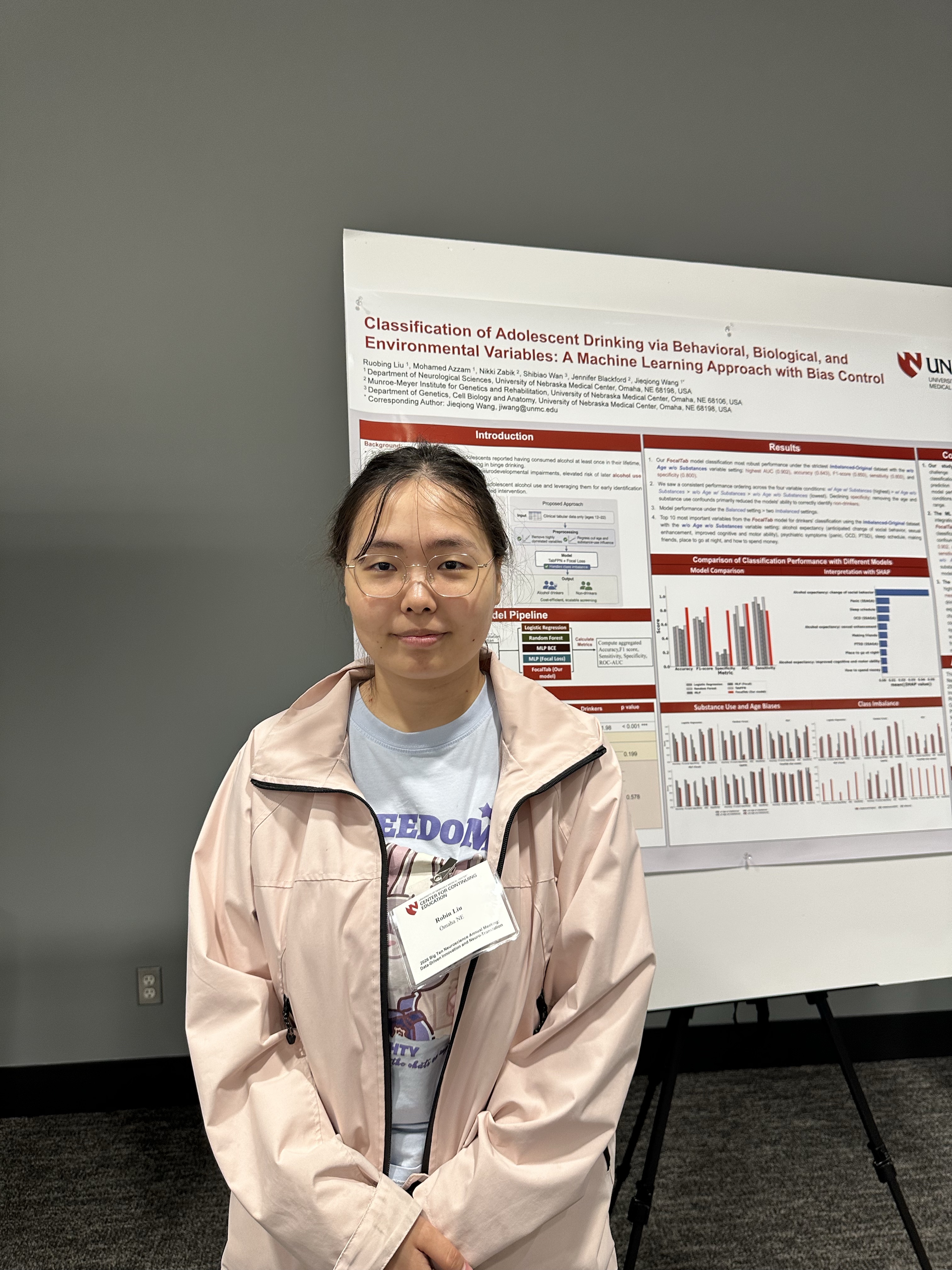 Ruobing presents a poster on Classifying Adolescent Drinking from Baseline Behavioral, Biological, and Environmental Features at 2026 Big Ten Neuroscience Annual Meeting.